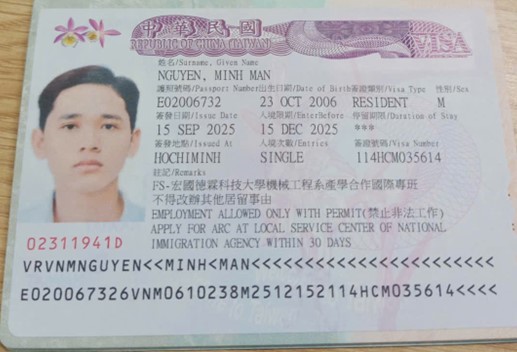 Chúc mừng học sinh Nguyễn Minh Mẩn đã có visa du học Đài Loan hệ Vừa học vừa làm