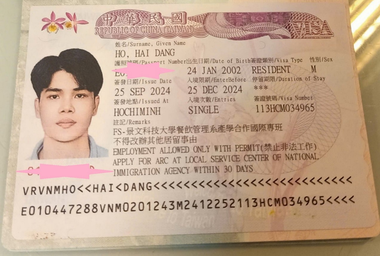 Chúc mừng học sinh Nguyễn Hải Đăng đã có visa du học Đài Loan hệ Vừa học vừa làm