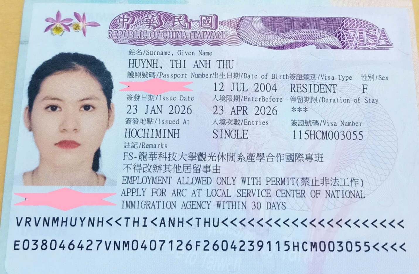 Chúc mừng học sinh Huỳnh Thị Anh Thư đã có visa du học Đài Loan hệ Vừa học vừa làm kỳ tháng 2/2026