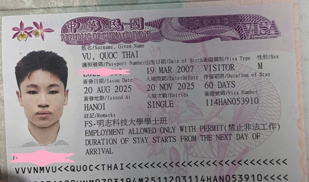 Chúc mừng học sinh Vũ Quốc Thái đã có visa du học Đài Loan bậc Cử nhân