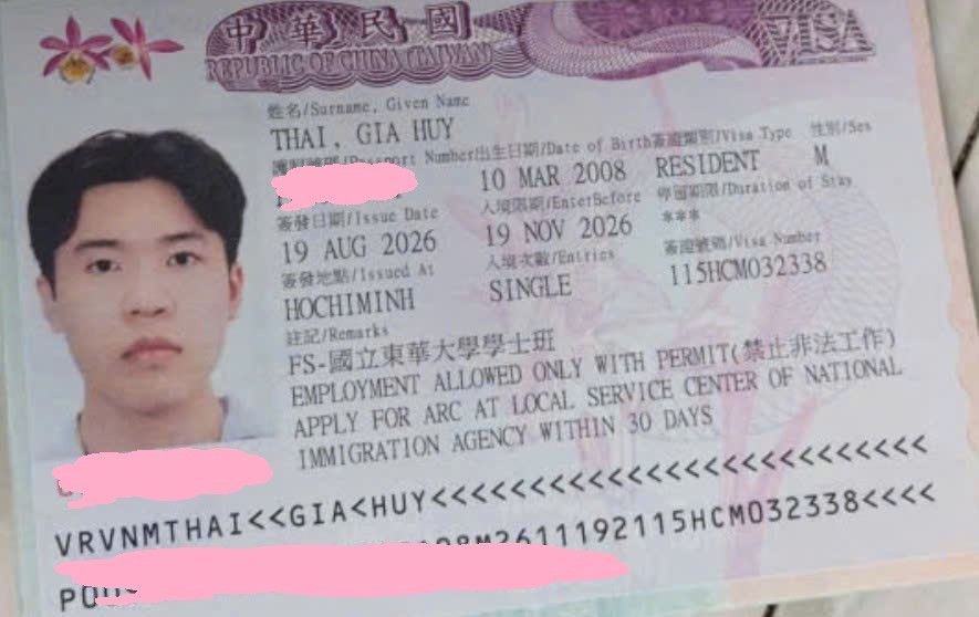Chúc mừng học sinh Thái Gia Huy đã có visa du học Đài Loan bậc Cử nhân