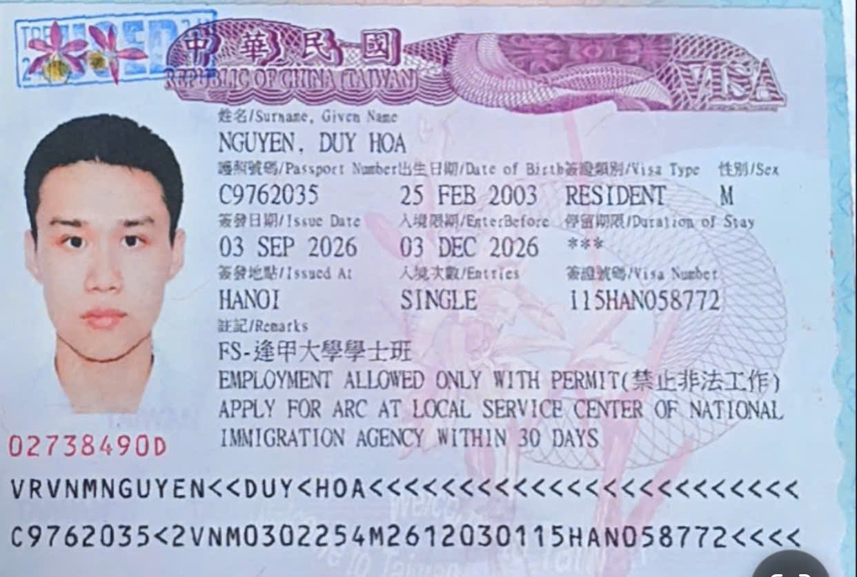 Chúc mừng học sinh Nguyễn Duy Hòa xuất sắc nhận visa và Học bổng Đại học Phùng Giáp (Feng Chia University)